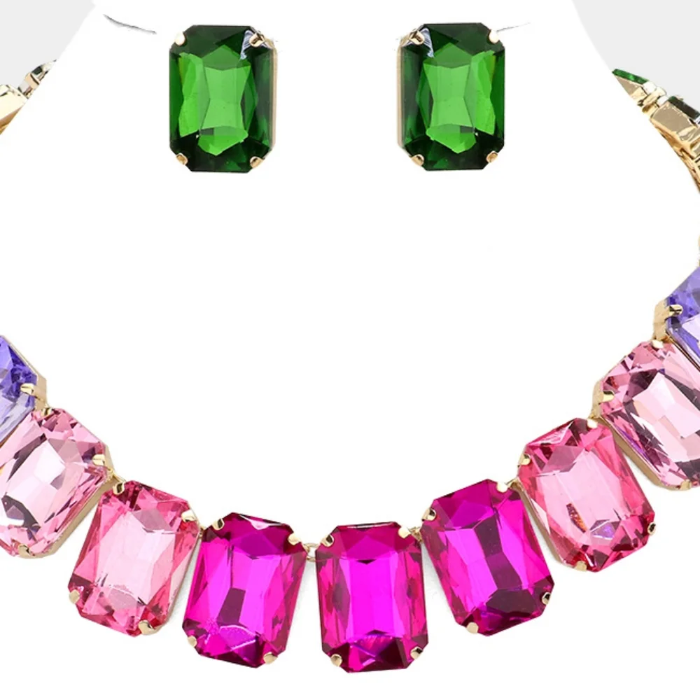 MultiColored Crystal Emerald Stone Chain Set Necklace Bling Evening Jewelry